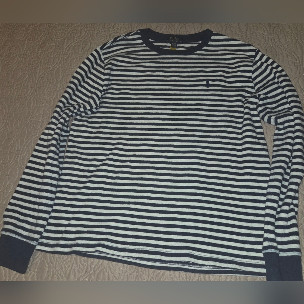 Boy's Polo Ralph Lauren Navy and White Striped Long Sleeve Tee Size XL